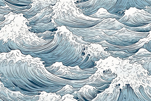 Hand drawn ocean surf wave seamless pattern Wavy illustration in line art