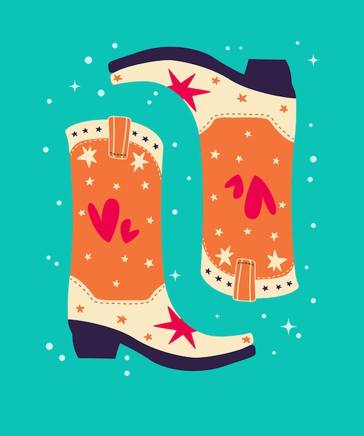 Hand drawn orange cowboy boots with hearts and stars on mint background Cute greeting card