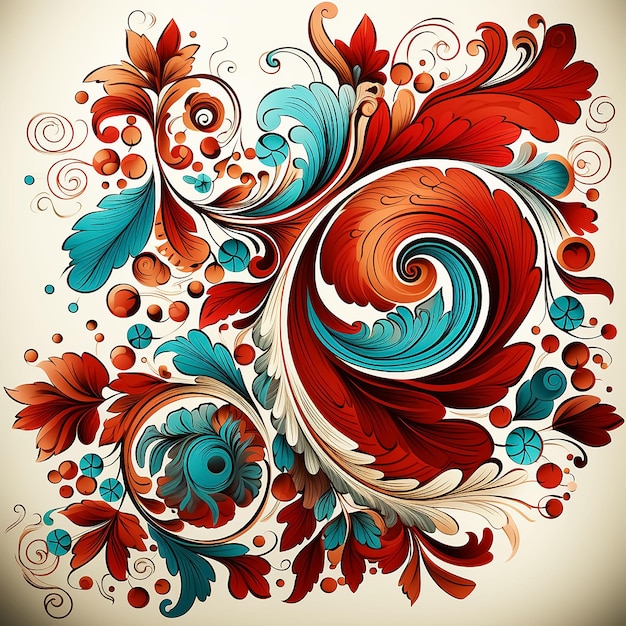 Hand drawn paisley pattern in teal red and brown colors on a white background