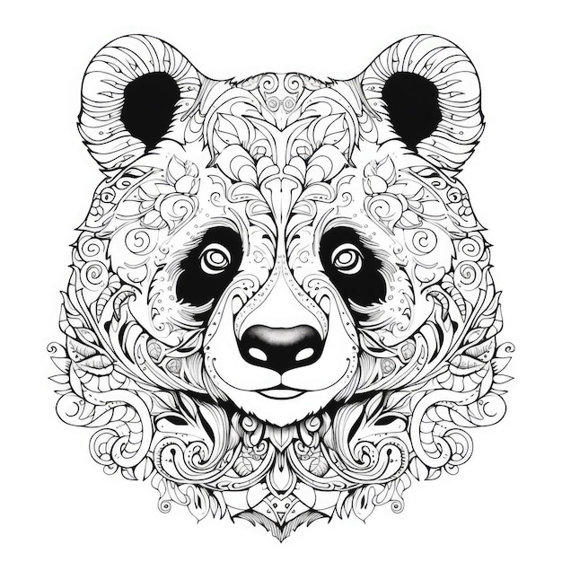 Photo hand drawn panda head with floral ornament