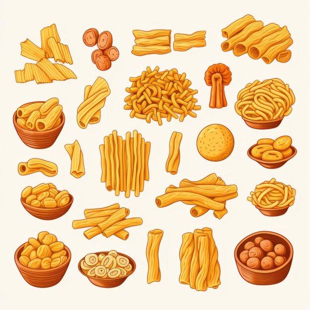 Hand Drawn Pasta Icons Detailed Shading Cartoonish Elements