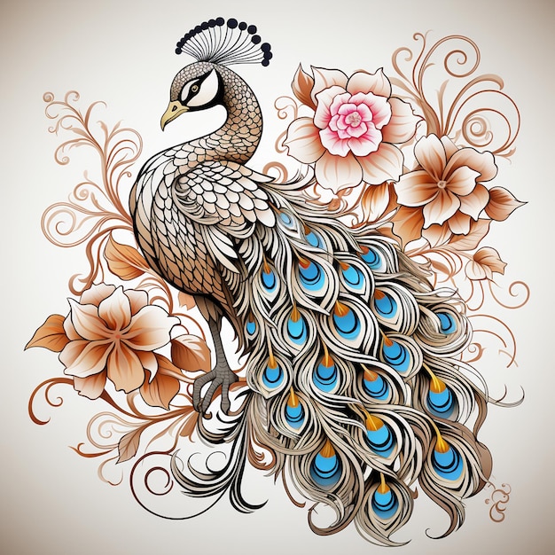 Hand drawn peacock outline illustration