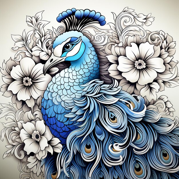 Hand drawn peacock outline illustration