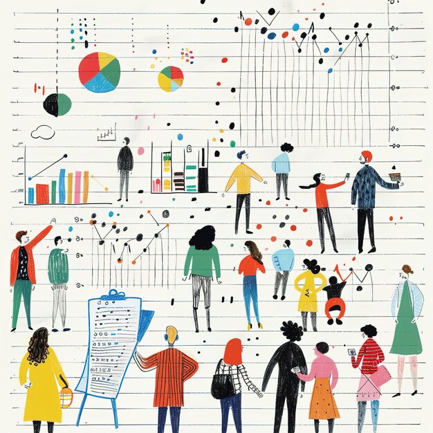 Photo hand drawn people gathering data with statistics