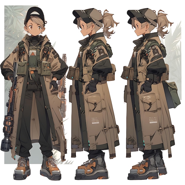 사진 군사 유니폼과 로 ⁇  인공 장비를 입은 손으로 그린 작은 여성 애니메이션 일러스트레이션 크리에이티브