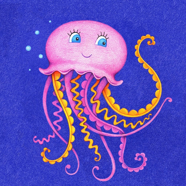 색연필로 물속에서 헤엄치는 재미있는 해파리의 손으로 그린 그림