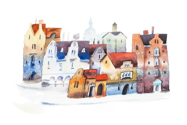 ヨーロッパの旧市街の通りの手描きのポストカード水彩画の街並み