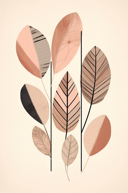 Hand drawn poster with a plant and leaves design in pinks and browns