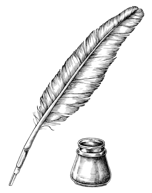 hand drawn quill pen with an inkwell transparent png