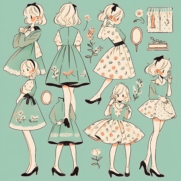 Hand Drawn Quirky Short Girl With Retro Vintage Fashion Pastel Color Pa anime illustration creative