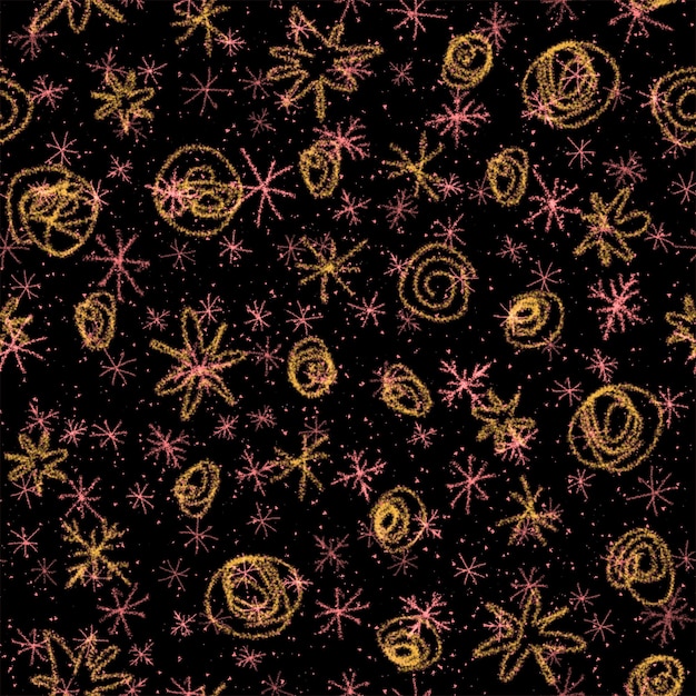 Photo hand drawn red snowflakes christmas seamless pattern. subtle flying snow flakes on black background. ecstatic chalk handdrawn snow overlay. actual holiday season decoration.