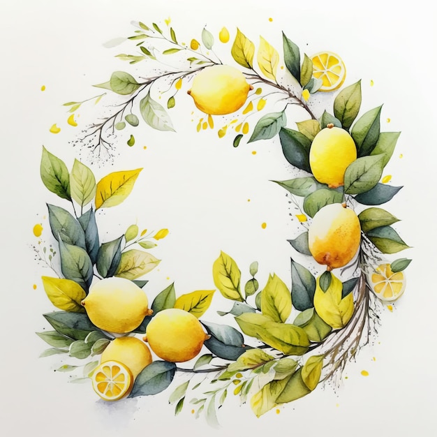 Hand drawn round wreath of watercolor lemon with flowers and leaves