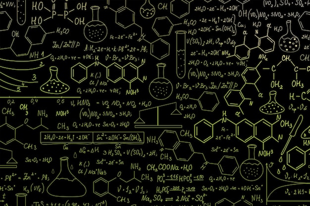 Photo hand drawn science formulas on chalkboard for background