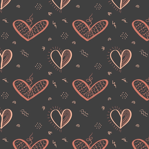 Hand drawn seamless pattern for Valentines Day on dark background. Can be used for wallpaper, pattern fills, web page background,surface textures.