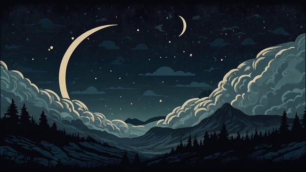 雲月星ベクトル星月光夜の背景を手で描いたシームレスなパターン