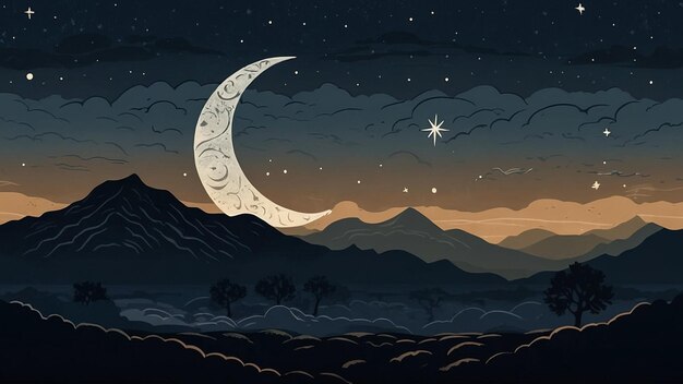 Hand drawn seamless pattern with clouds moon stars Vector starry moonlight night background
