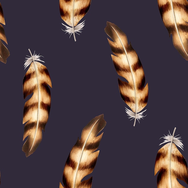 hand drawn seamless pattern with feather watercolor realistic boho illustration isolated on