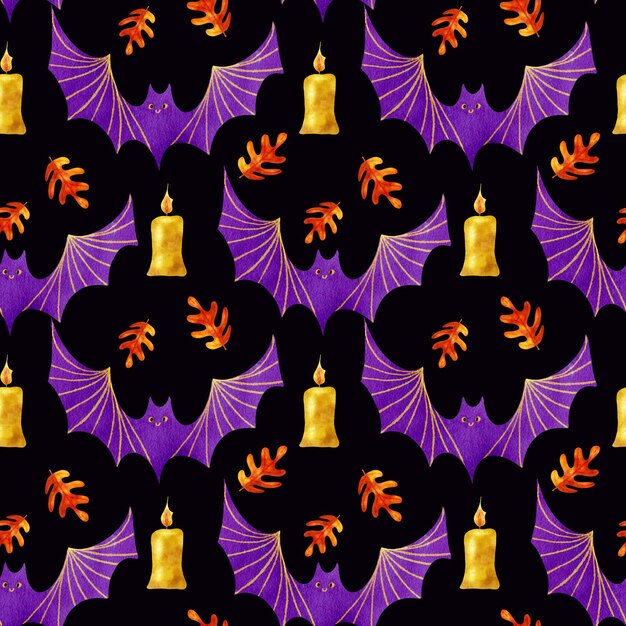 Photo hand drawn seamless pattern with halloween bat and candle