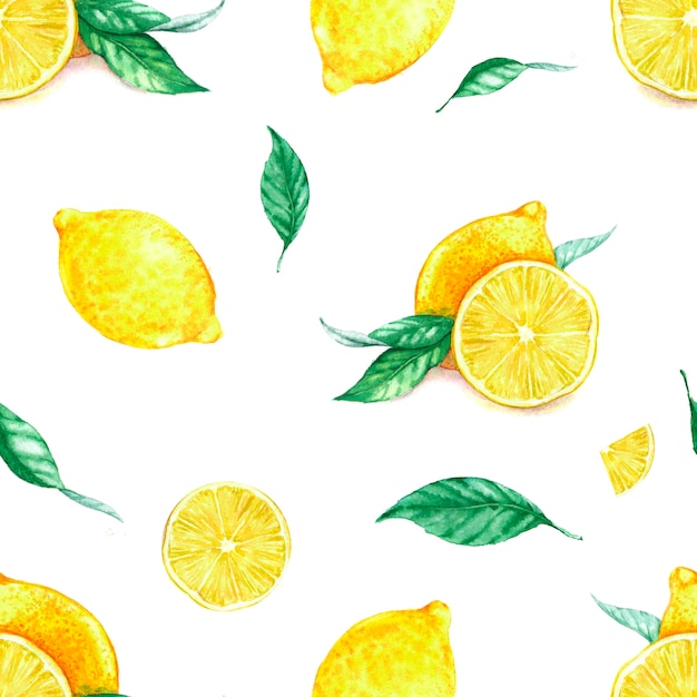 Photo hand drawn seamless pattern with ripe yellow lemons and leaves