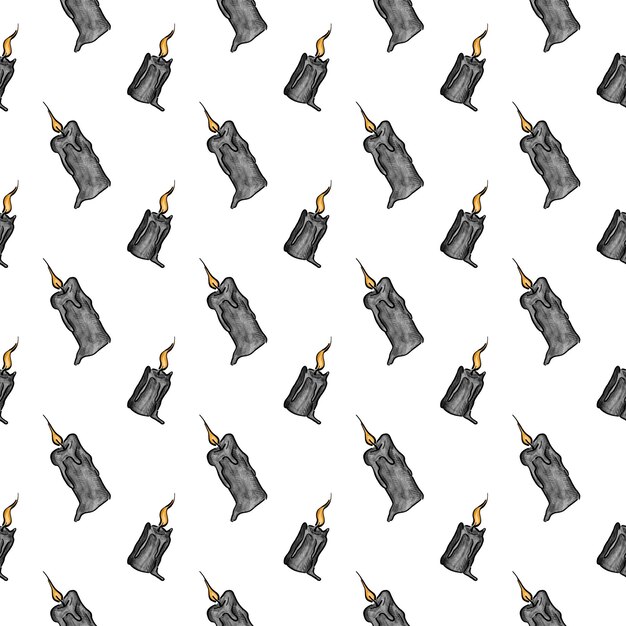 hand drawn seamless pattern with watercolor halloween black candles on white background