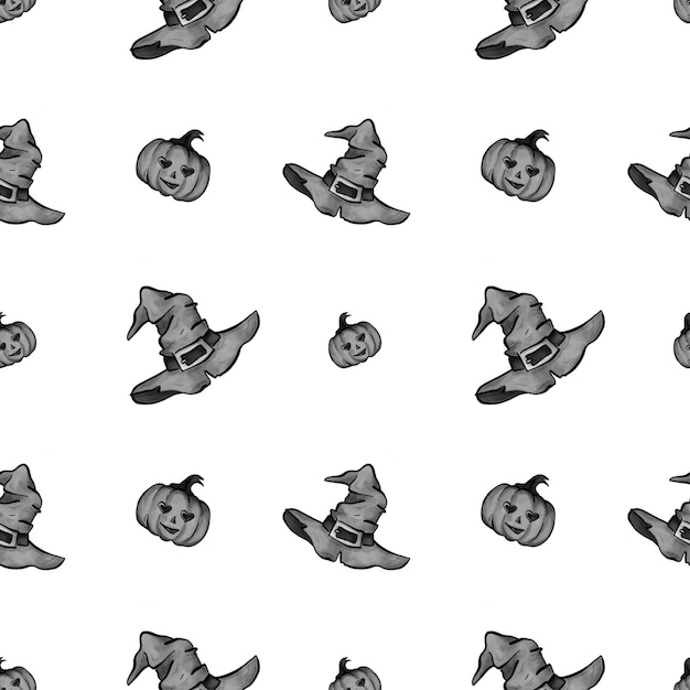 hand drawn seamless pattern with witch hats and pumpkin on white background