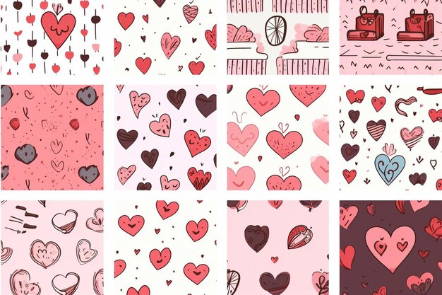 Photo hand drawn set of valentines seamless patterns with hearts and romantic elements