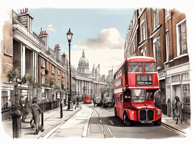 Photo hand drawn sketch of london street cityscape drawing illustration created using generative ai to