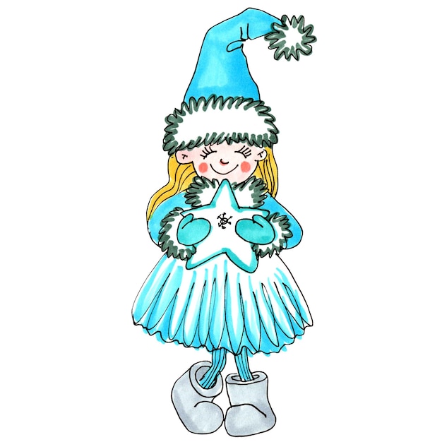 Photo hand drawn sketch markers illustration of christmas fairy