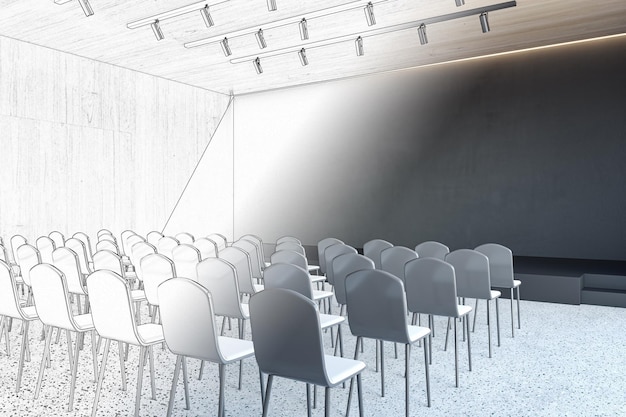 Hand drawn sketch of modern loft concrete auditorium interior Design and architecture concept 3D Rendering