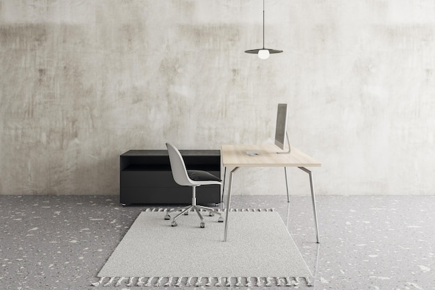 Нарисованный вручную эскиз современного минималистического деревянного офисного интерьера с ковровой мебелью на рабочем месте и компьютерным устройством Проект ремонта стиля и концепция дизайна