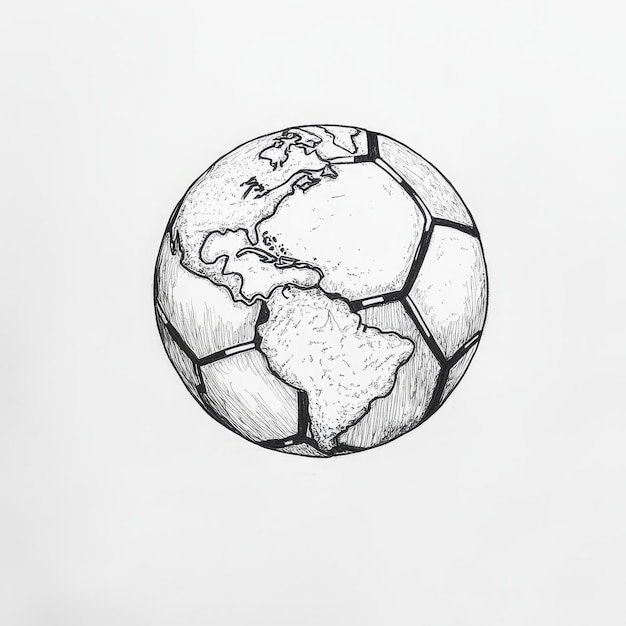 Photo hand drawn sketch of a soccer ball with world map on white background