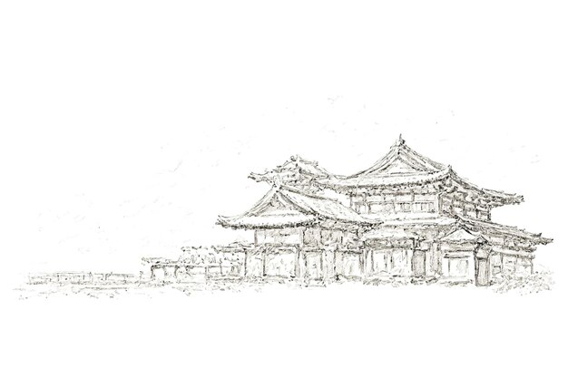Photo hand drawn sketch of traditional japanese architecture