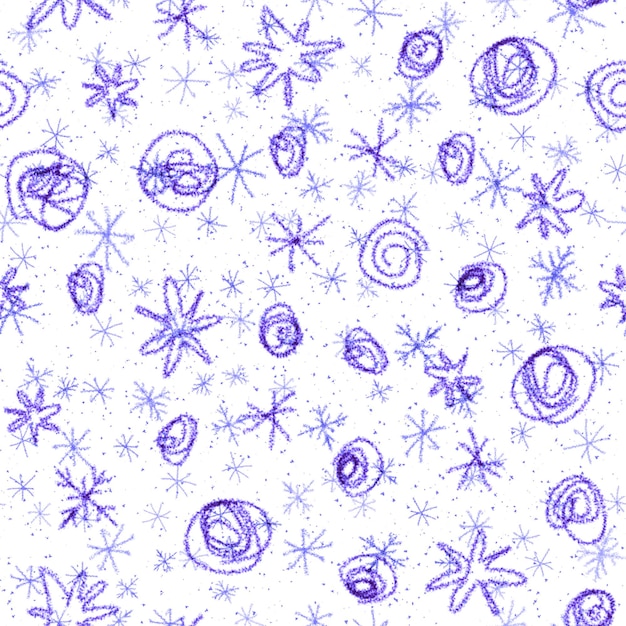 Hand Drawn Snowflakes Christmas Seamless Pattern. Subtle Flying Snow Flakes on chalk snowflakes Background. Alive chalk handdrawn snow overlay. Fair holiday season decoration.