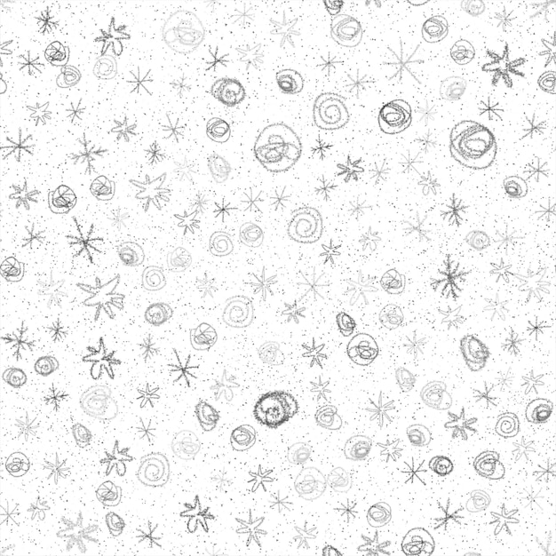 Hand Drawn Snowflakes Christmas Seamless Pattern. Subtle Flying Snow Flakes on chalk snowflakes Background. Amusing chalk handdrawn snow overlay. Emotional holiday season decoration.