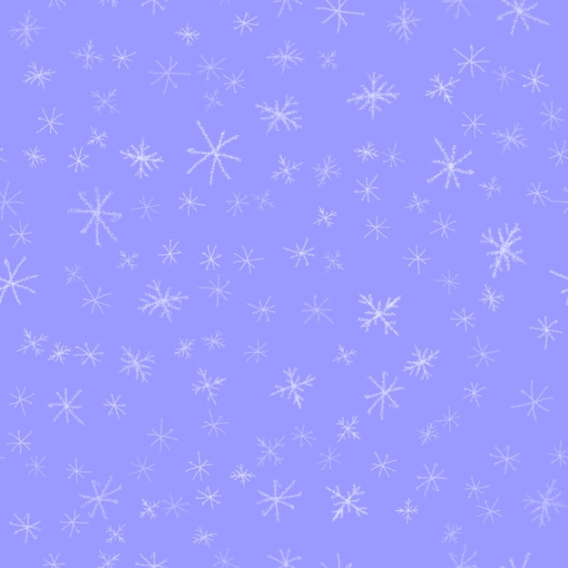 手描きの雪片のクリスマスのシームレスなパターン。チョークの雪片の背景に微妙な空飛ぶ雪片。素晴らしいチョークの手描きの雪のオーバーレイ。注目すべきホリデーシーズンの装飾。