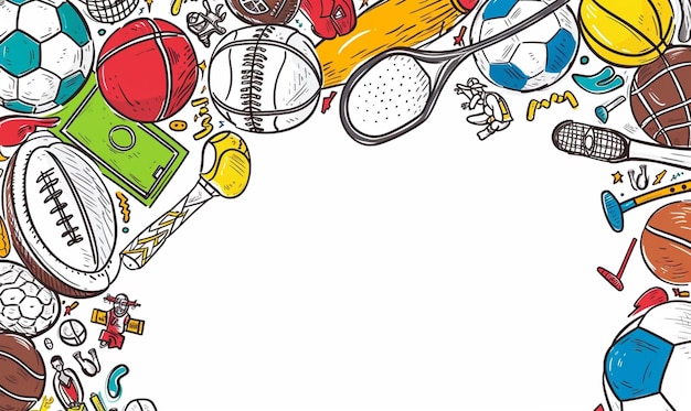 Hand drawn sports doodles background Vector illustration Sport equipment