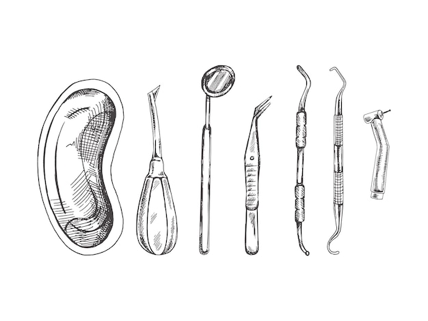 Photo hand drawn stomatology attributes professional dental tools vintage vector illustration set isolated on white background equipment for orthodontists