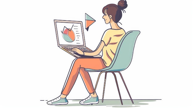 Hand drawn style illustration of a business woman sitting crosslegged on a chair and looking at a graph on a laptop