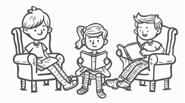 Photo hand drawn style modern doodle design illustration of cute children reading books together in chairs