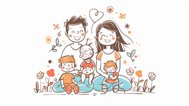 The hand drawn style modern doodle design illustration of a happy family