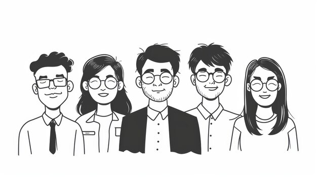 Hand drawn style modern illustrations showing office team members looking forward