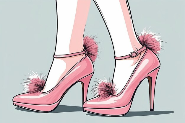 손으로 그려진 스타일리시한 분홍색 신발과 폼 폼 패션 신발의 여성 다리 스케치 터 일러스트레이션