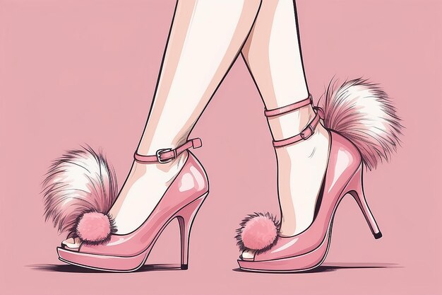 손으로 그려진 스타일리시한 분홍색 신발과 폼 폼 패션 신발의 여성 다리 스케치 터 일러스트레이션
