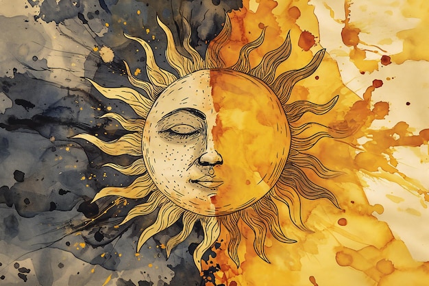 Photo hand drawn sun with face on watercolor background ink illustration