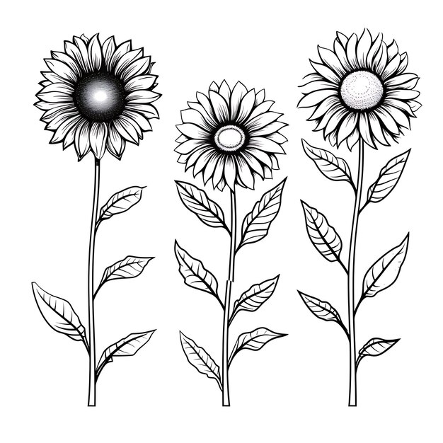 Hand Drawn Sunflower Branch Outlines Black Color on White Background Co outline minimalist simple