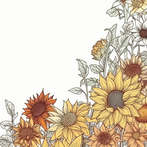 A hand drawn sunflowers with leaves and flowers