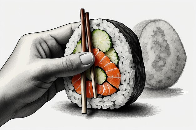 Foto sketch di sushi roll disegnato a mano arte della cucina orientale elegante