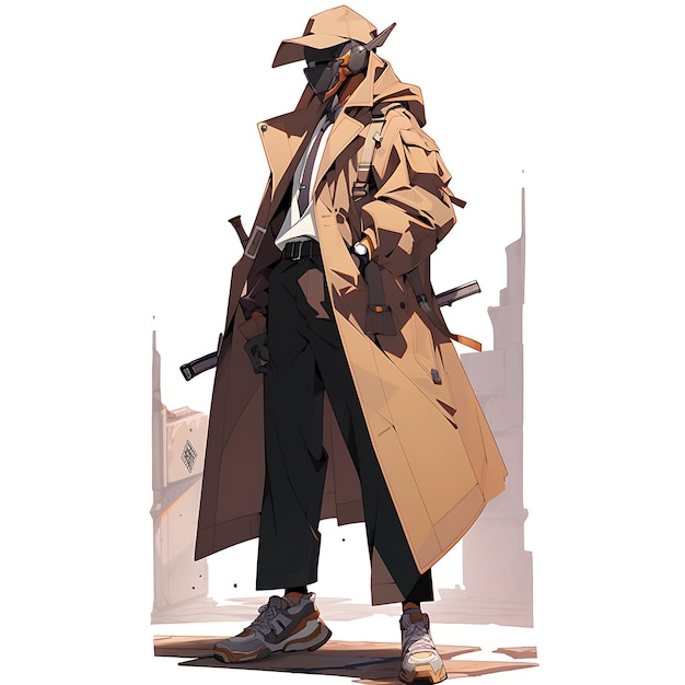 写真 ダスターコートとカウボーイ帽子をかぶった手描きの背の高い男性 ワイルドウエストスタイルのアニメイラストレーティブ