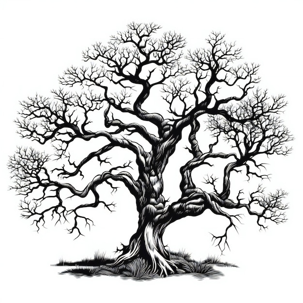 hand drawn tree black white silhouette