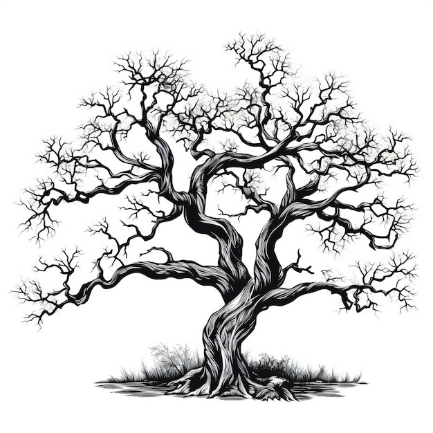 hand drawn tree black white silhouette